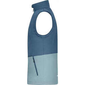 A navy and light blue softshell vest featuring a zip pocket and a small logo.