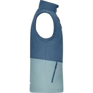A softshell vest in dark blue and light blue, featuring a zippered pocket and a logo.