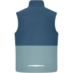 A softshell vest in navy and light blue, featuring a back view and a logo at the hem.