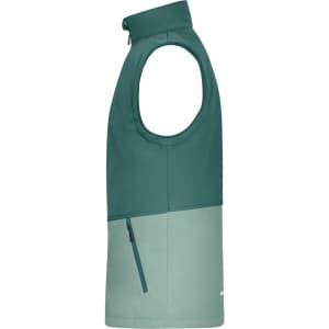 A softshell vest in dark green and mint green, featuring a zippered side pocket and a high collar.