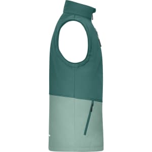 A green softshell vest with a sleeveless design, featuring a zip pocket and a colour-blocked lower section.