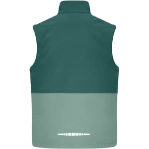 A softshell vest in teal and light green with a logo on the back. Perfect for workwear applications.
