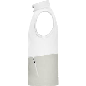 A softshell vest in white and grey with a zip pocket and a high collar. The vest has a logo present.