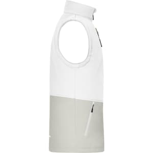 A softshell vest in white and light grey, featuring a side zip pocket and a logo on the fabric.