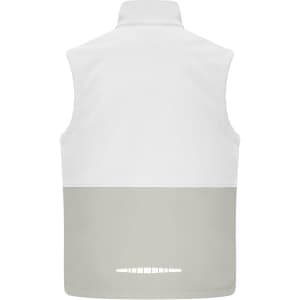A white and grey softshell vest featuring a collar and a logo on the back. Ideal for workwear.