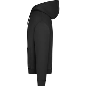 An oversized unisex black sweat hoody with a large hood and front pocket, featuring a logo.