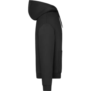 A black oversized unisex sweat hoody with a hood, kangaroo pocket, and ribbed cuffs and hem. It features a logo.