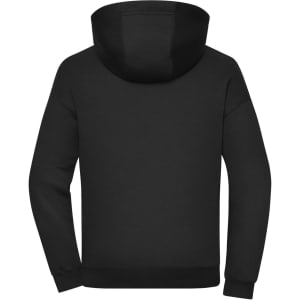 A black oversized unisex sweat hoody with a hood and long sleeves, featuring a simple design and a logo.