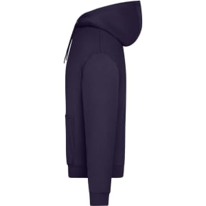 An oversized unisex sweat hoody in dark navy, featuring a hood and side pocket, with a logo.