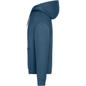An oversized unisex hooded sweatshirt in a deep blue colour, featuring a front pocket and a logo on the side.