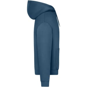 An oversized unisex hoody in a deep blue colour, featuring a hood and a front pocket, with a logo on the chest.