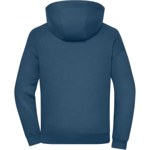 An oversized unisex sweat hoody in a deep blue colour featuring a hood and long sleeves. It has a logo.