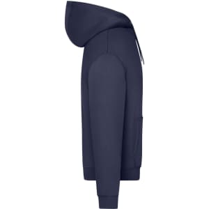 An oversized unisex sweat hoody in navy blue featuring a hood, side pocket, and ribbed cuffs. It has a logo on it.
