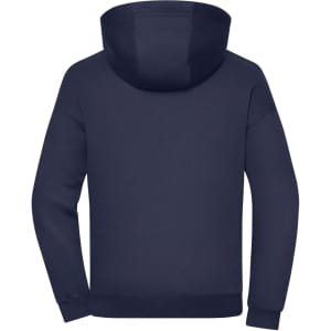 An oversized unisex hoody in navy blue, featuring a large hood and long sleeves. It has a logo on the back.