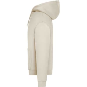 An oversized unisex hoody in a light beige colour with a hood and a front pocket. Features a simple design and a logo.
