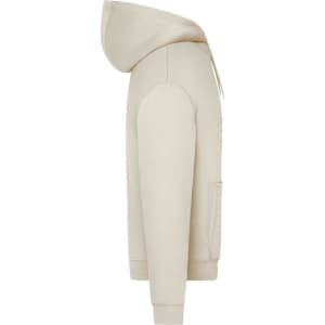 An oversized unisex hoody in a light beige colour, featuring a hood and a front pocket. It has a logo on it.