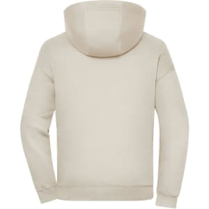 An oversized unisex hoody in a light beige colour, featuring a hood and long sleeves. It has a branding logo.