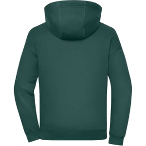 An oversized unisex sweat hoody in a deep green colour, featuring a large hood and long sleeves.