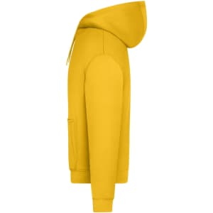 A yellow oversized unisex hoody with a hood and a front pocket, featuring a logo.