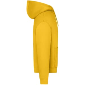 An oversized unisex hoody in bright yellow, featuring a hood and a front pocket. It has a logo on the design.