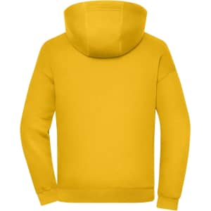 An oversized unisex hoody in vibrant yellow with a hood and long sleeves. It features a logo on the back.