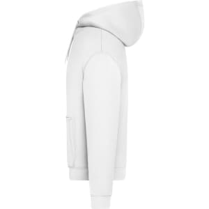An oversized unisex sweat hoody in white, featuring a hood and long sleeves, with a logo on the front.