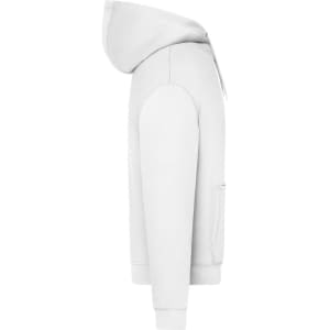 An oversized unisex hoody in light grey featuring a hood and side pockets. It has a logo on it.