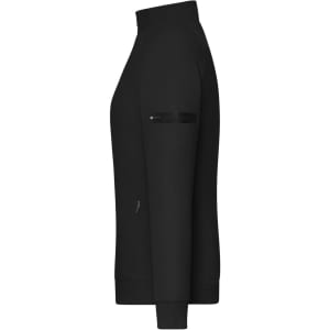 A black ladies zip jacket in interlock fabric, featuring a zippered pocket on the sleeve and a high collar.