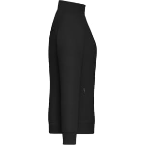 A black ladies zip jacket in interlock fabric, featuring a high collar and long sleeves. It has a logo.