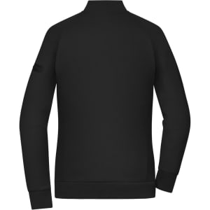 A black zip jacket in interlock fabric with a crew neck and long sleeves. Features a logo on the sleeve.