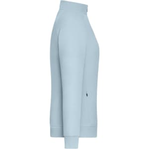 A light blue zip jacket with a high collar and side pockets. It features a branding logo.
