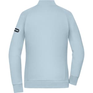 A light blue zip jacket with a stand-up collar and a logo on the sleeve, featuring a smooth interlock fabric.