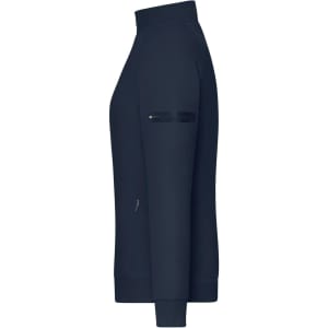 A navy zip jacket with a high collar and a side pocket, featuring a logo. Ideal for casual wear.