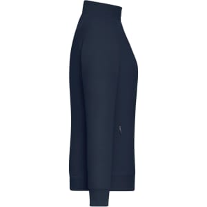 A navy zip jacket featuring a high collar and side pocket, with a logo on the garment.