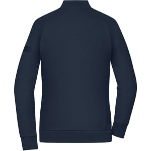 A navy blue ladies zip jacket with a high collar and fitted cuffs, featuring a logo on the sleeve.