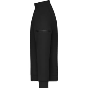 A black zip jacket with a side pocket and a high collar. It features a sleek, modern design and has a logo.