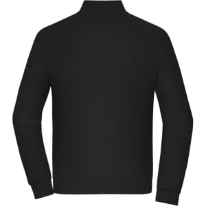 A black zip jacket with a high collar and long sleeves. Features a logo on one sleeve.