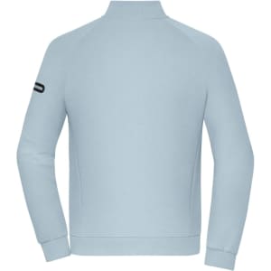 A light blue interlock zip jacket featuring a comfortable design and a logo on the sleeve.