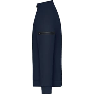 A men's zip jacket in navy blue with a zip pocket and a logo on the sleeve.