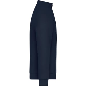 A navy zip jacket with a standing collar and long sleeves, featuring a logo. Side view presented.
