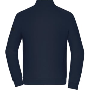 A navy zip jacket with a high collar and ribbed cuffs, featuring a logo on the sleeve.