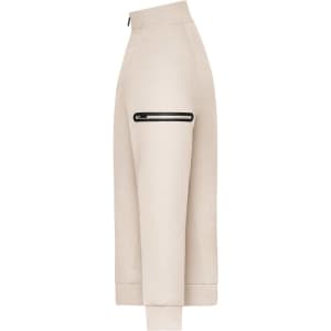 A beige zip jacket featuring a side zip pocket and a high collar. The design includes a logo on the chest.