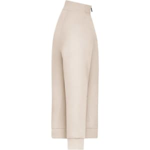 A light beige zip jacket with a fitted design and cuffs. The jacket features a logo on the chest area.