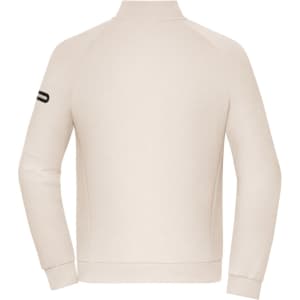 A beige men's zip jacket featuring a high collar and a logo on the left sleeve, shown from the back.
