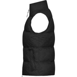A black ladies' winter vest with a high collar and a front pocket, featuring a logo on the side.