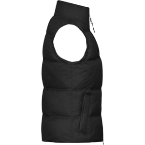 A black ladies' winter vest featuring a high collar and a zippered pocket, designed without sleeves.