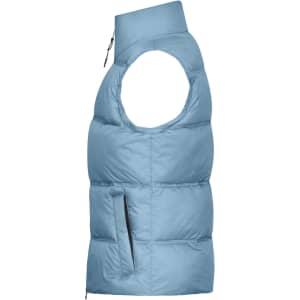 A light blue ladies' winter vest with a high collar and a side pocket. It has an oversized, sleeveless design.