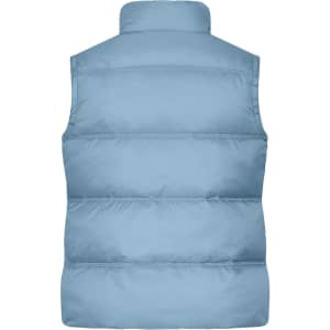 A light blue women's winter vest with a padded design and high collar. The back view shows no visible branding.
