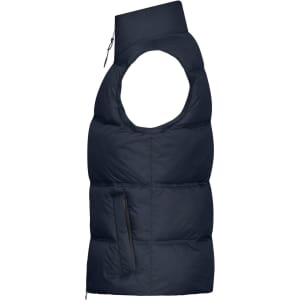 A navy blue ladies winter vest featuring a sleeveless design and a zippered side pocket. It has a logo on it.