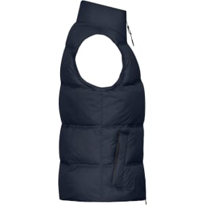 A navy blue ladies winter vest featuring a high collar and a zippered pocket on the side. It has a puffy design and no sleeves.